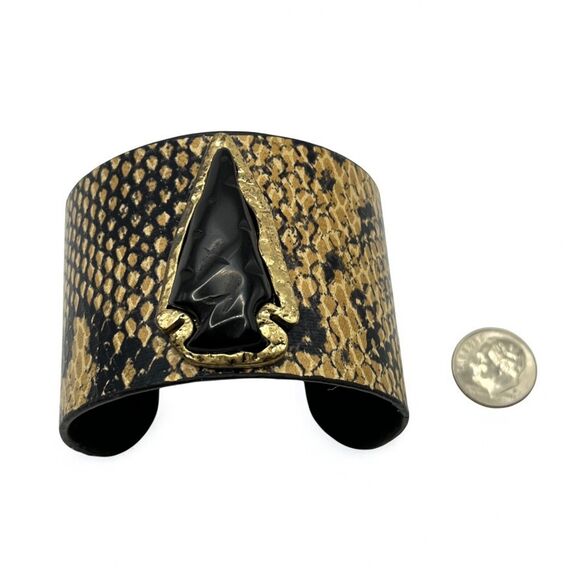 Snakeskin Print Bracelet Cuff Black Simulated Stone Arrowhead Southwest Chunky - Picture 10 of 16